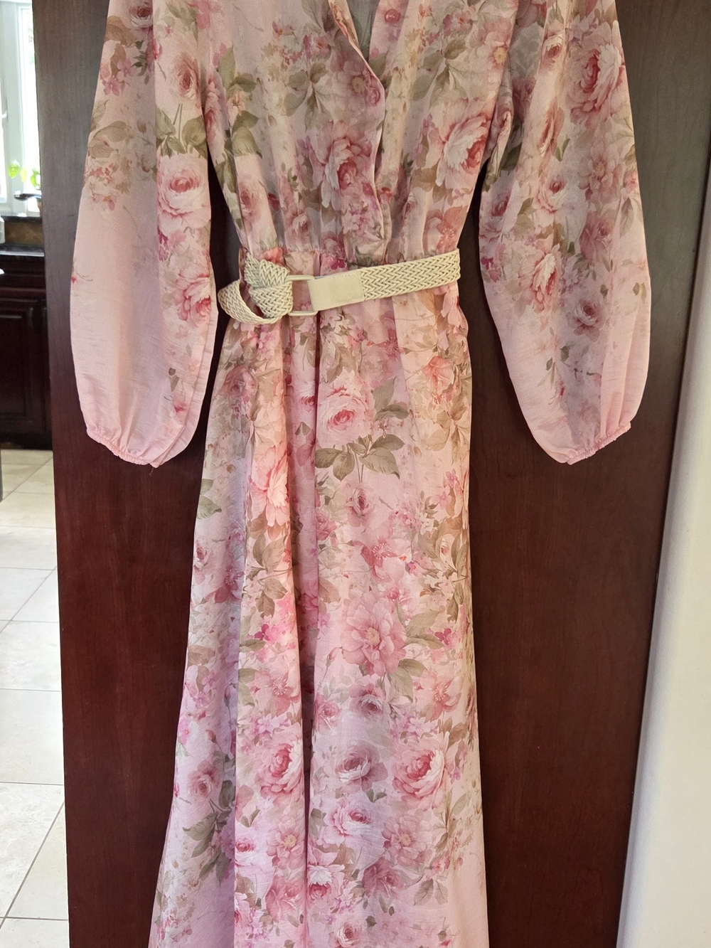 Pink Floral Midi Dress with Cream Woven Belt, Made In Italy